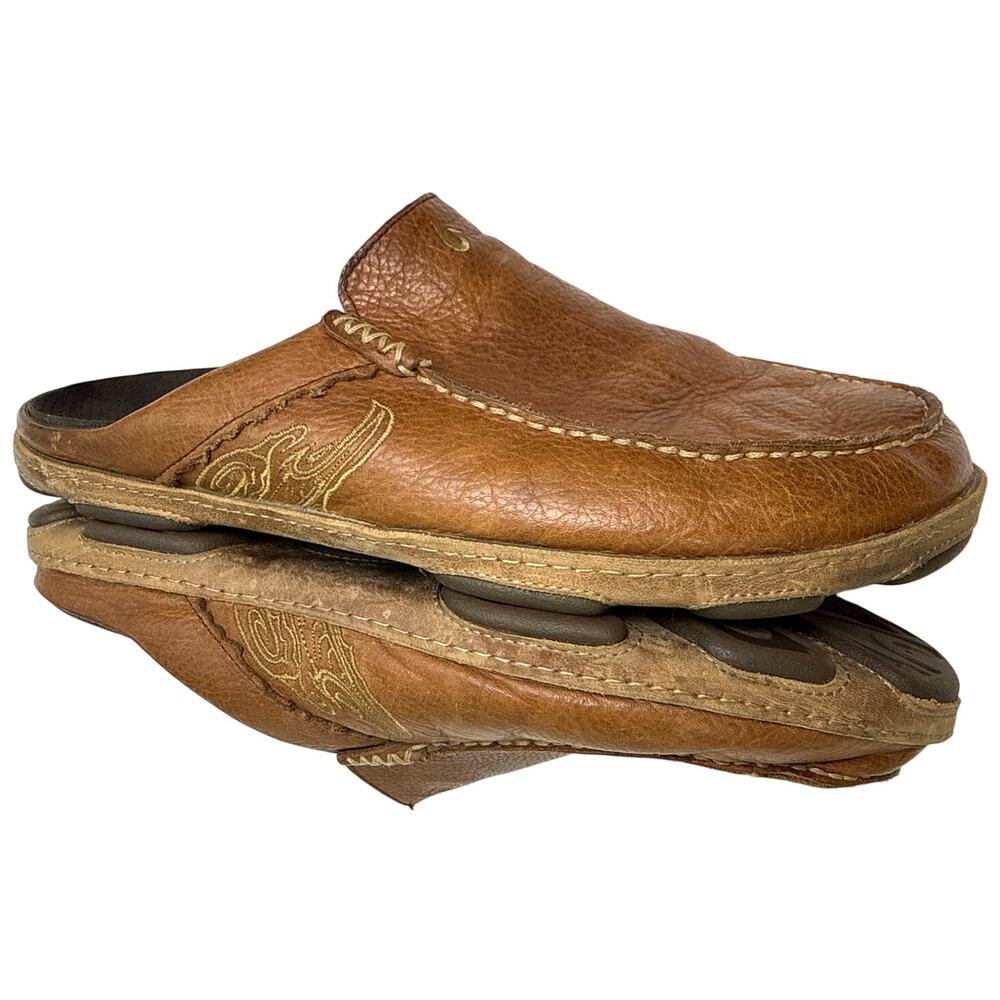 OluKai Kono Leather Mule Clogs Brown Slip On Comfort Shoes Men's Size 11